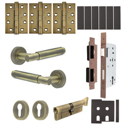 Flores Antique Brass Lever on Rose Door Handle Kit - Heavy Duty FD30/60 - DIN Euro Sashlock and Thumbturn Cylinder - Keyed Alike - tradefit