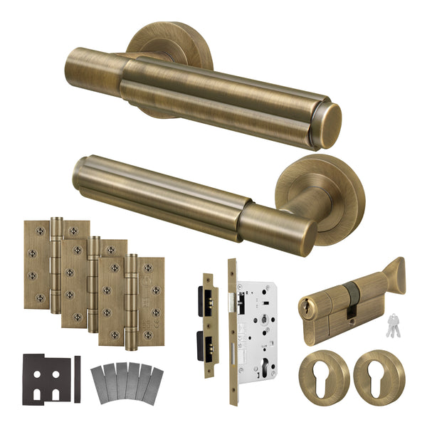 Flores Antique Brass Lever on Rose Door Handle Kit - Heavy Duty FD30/60 - DIN Euro Sashlock and Thumbturn Cylinder - Keyed to Differ - tradefit - Featured Image