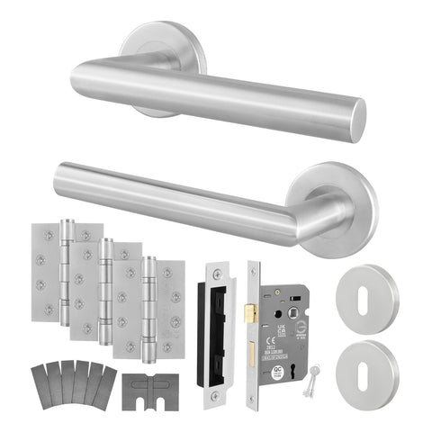 Mitre Stainless Steel Lever on Rose Door Handle Kit - Medium Duty FD30/60 - 80mm Sashlock