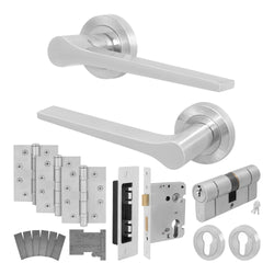 Tapera Satin Nickel Lever on Rose Door Handle Kit - Medium Duty FD30/60 - 80mm Euro Sashlock and Double Cylinder - Keyed Alike - tradefit