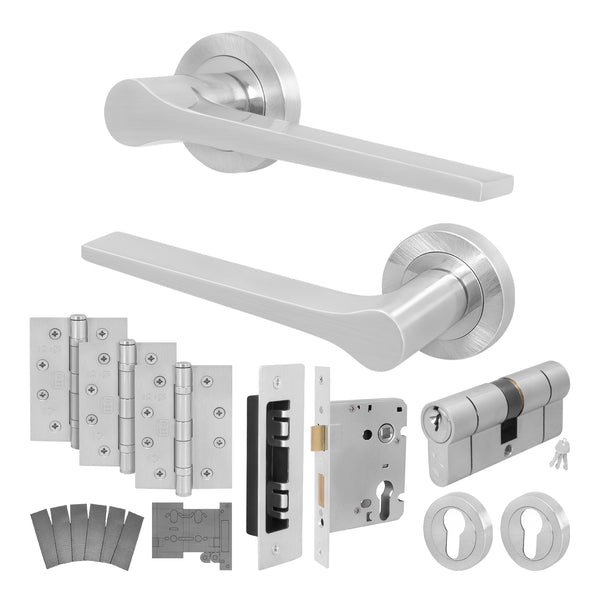 Tapera Satin Nickel Lever on Rose Door Handle Kit - Medium Duty FD30/60 - 80mm Euro Sashlock and Double Cylinder - Keyed Alike - tradefit - Featured Image