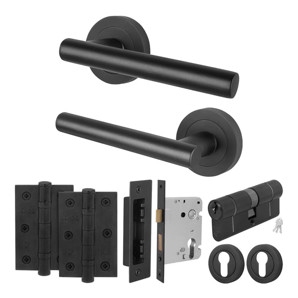 Olbia Matt Black Lever on Rose Door Handle Kit - 80mm Euro Sashlock and Double Cylinder - Keyed to Differ - tradefit - Featured Image