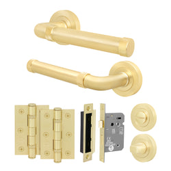 Santana Satin Brass Lever on Rose Door Handle Kit - 64mm Bathroom Lock - tradefit
