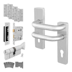 Return to Door Lever on Backplate Stainless Steel Door Handle Kit - Medium Duty FD30/60 - 80mm Euro Sashlock and Thumbturn Cylinder - Keyed to Differ - tradefit - 1