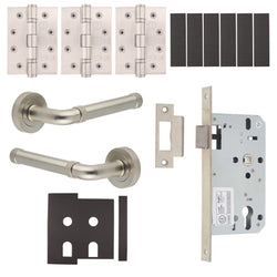 Santana Satin Nickel Lever on Rose Door Handle Kit - Heavy Duty FD30/60 - DIN Latch - tradefit