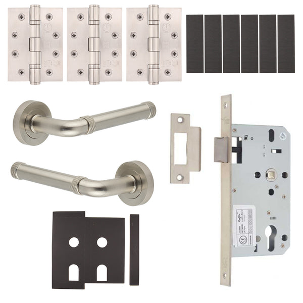 Santana Satin Nickel Lever on Rose Door Handle Kit - Heavy Duty FD30/60 - DIN Latch - tradefit - Featured Image