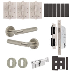 Dumont Satin Nickel Lever on Rose Door Handle Kit - Heavy Duty FD30/60 - DIN Euro Sashlock and Thumbturn Cylinder - Master Keyed - tradefit
