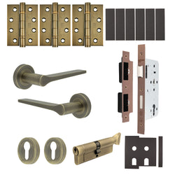 Tapera Antique Brass Lever on Rose Door Handle Kit - Heavy Duty FD30/60 - DIN Euro Sashlock and Thumbturn Cylinder - Master Keyed - tradefit