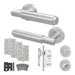 Flores Satin Nickel Lever on Rose Door Handle Kit - Heavy Duty FD30/60 - DIN Bathroom Lock - tradefit - 1