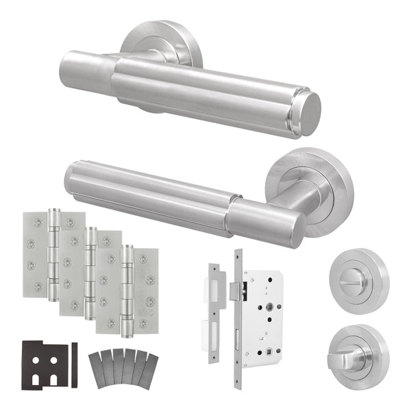 Flores Satin Nickel Lever on Rose Door Handle Kit - Heavy Duty FD30/60 - DIN Bathroom Lock - tradefit - Featured Image