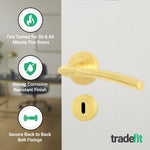 Bosa Satin Brass Lever on Rose Door Handle Kit - Standard Duty FD30/60 - 80mm Sashlock - tradefit - 5
