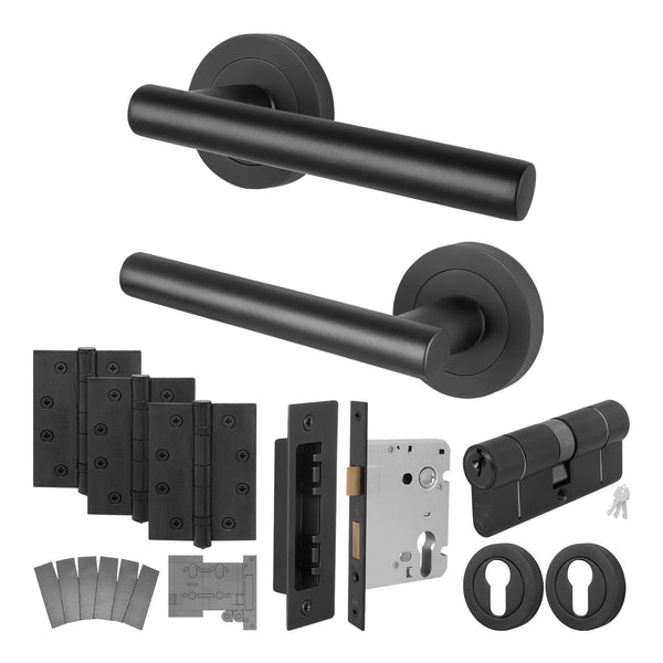 Olbia Matt Black Lever on Rose Door Handle Kit - Medium Duty FD30/60 - 80mm Euro Sashlock and Double Cylinder - Keyed to Differ - tradefit - Featured Image