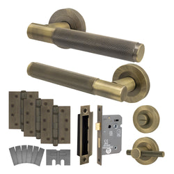 Dumont Antique Brass Lever on Rose Door Handle Kit - Medium Duty FD30/60 - 80mm Bathroom Lock - tradefit