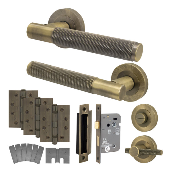 Dumont Antique Brass Lever on Rose Door Handle Kit - Medium Duty FD30/60 - 80mm Bathroom Lock - tradefit - Featured Image