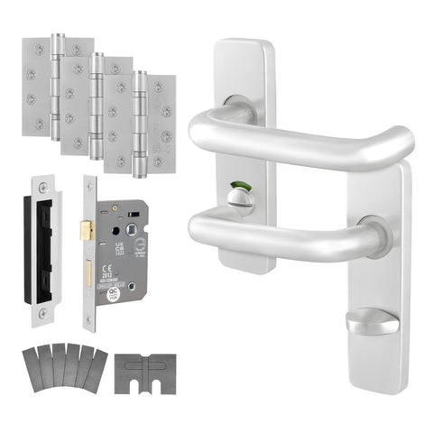 Return to Door Lever on Backplate Satin Aluminium Door Handle Kit - Medium Duty FD30/60 - 80mm Bathroom Lock - tradefit