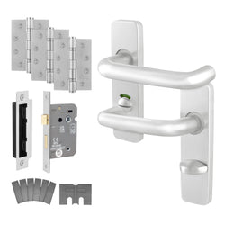 Return to Door Lever on Backplate Satin Aluminium Door Handle Kit - Medium Duty FD30/60 - 80mm Bathroom Lock - tradefit