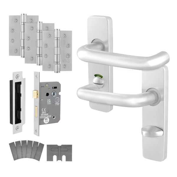 Return to Door Lever on Backplate Satin Aluminium Door Handle Kit - Medium Duty FD30/60 - 80mm Bathroom Lock - tradefit - Featured Image