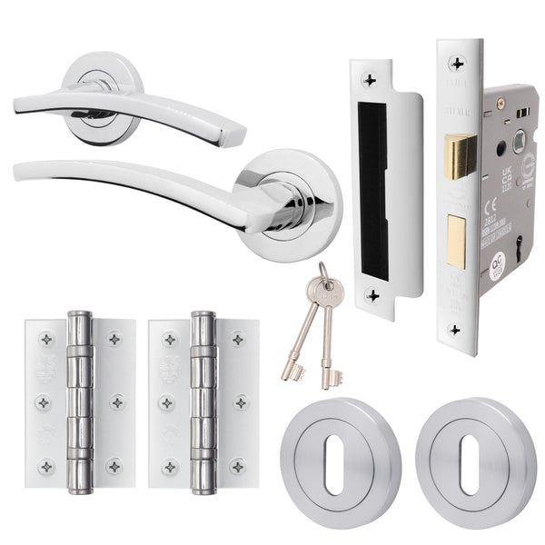 Euroda - Plus Polished Chrome Lever on Rose Door Handle Pack - 3 Lever Lock - tradefit - Featured Image