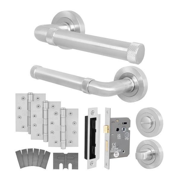 Santana Satin Nickel Lever on Rose Door Handle Kit - Medium Duty FD30/60 - 80mm Bathroom Lock - tradefit - Featured Image