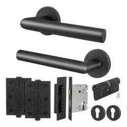 Mitre Lever on Rose Matt Black Door Handle Kit - Medium Duty - 80mm Euro Sashlock and Thumbturn Cylinder - Keyed to Differ - tradefit