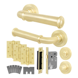 Claro Satin Brass Lever on Rose Door Handle Kit - Medium Duty FD30/60 - 80mm Bathroom Lock - tradefit