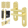 Olbia Satin Brass Lever on Backplate Door Handle Kit - 80mm Euro Sashlock and Cylinder & Turn - Keyed to Differ