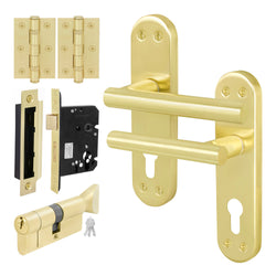 Olbia Satin Brass Lever on Backplate Door Handle Kit - 80mm Euro Sashlock and Cylinder & Turn - Keyed Alike - tradefit