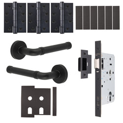 Santana Matt Black Lever on Rose Door Handle Kit - Heavy Duty FD30/60 - DIN Latch - tradefit