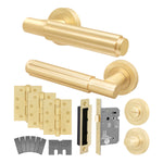 Flores Satin Brass Lever on Rose Door Handle Kit - Medium Duty FD30/60 - 80mm Bathroom Lock - tradefit - 1