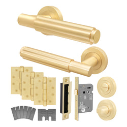 Flores Satin Brass Lever on Rose Door Handle Kit - Medium Duty FD30/60 - 80mm Bathroom Lock - tradefit