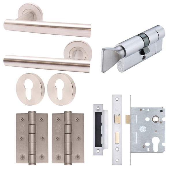Satin Stainless T - Bar Door Handle on Rose Pack - Euro Sashlock and Thumbturn Cylinder - tradefit - Featured Image