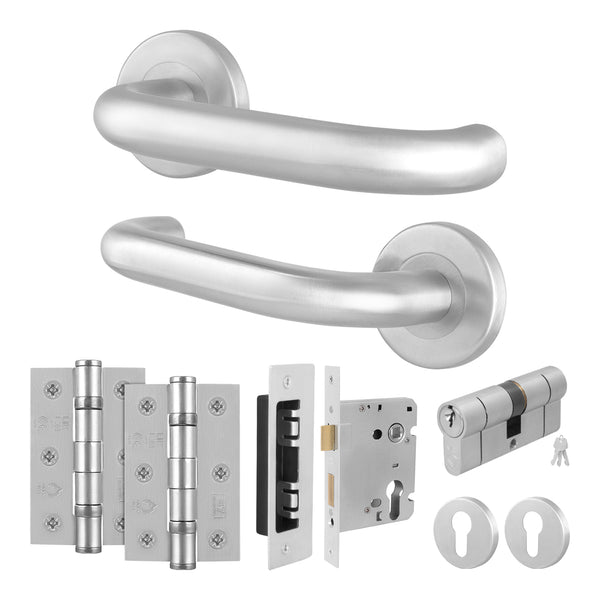 Return to Door Lever on Rose Stainless Steel Door Handle Kit - Medium Duty - 80mm Euro Lock and Double Cylinder - Keyed to Differ - Featured Image