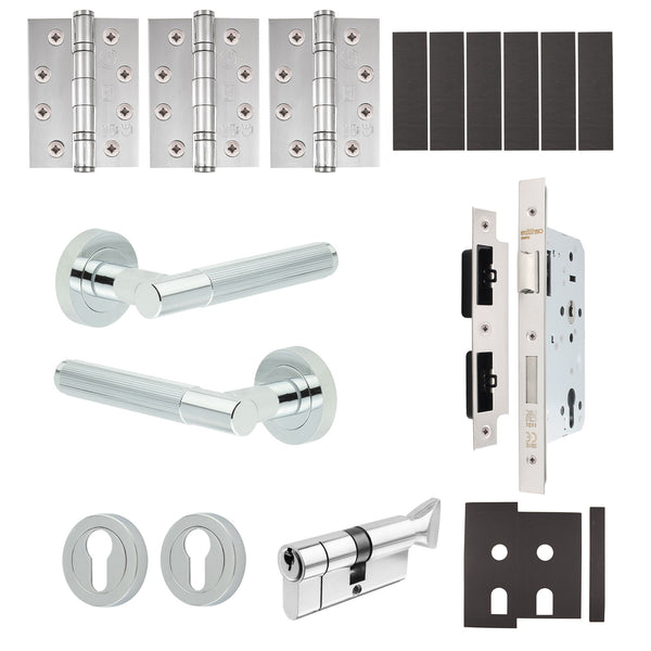 Aurora Polished Chrome Lever on Rose Door Handle Kit - Heavy Duty FD30/60 - DIN Euro Sashlock and Thumbturn Cylinder - Keyed Alike - tradefit - Featured Image