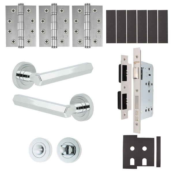 Moreno Polished Chrome Lever on Rose Door Handle Kit - Heavy Duty FD30/60 - DIN Bathroom Lock - tradefit - Featured Image