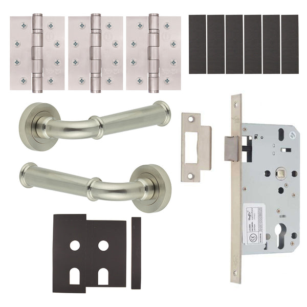 Claro Satin Nickel Lever on Rose Door Handle Kit - Heavy Duty FD30/60 - DIN Latch - tradefit - Featured Image