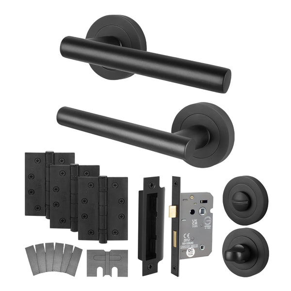 Olbia Matt Black Lever on Rose Door Handle Kit - Medium Duty FD30/60 - 80mm Bathroom Lock - tradefit - Featured Image