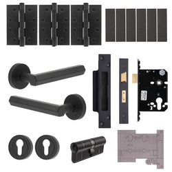 Moreno Matt Black Lever on Rose Door Handle Kit - Medium Duty FD30/60 - 80mm Euro Sashlock and Double Cylinder - Keyed Alike - tradefit