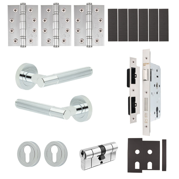 Aurora Polished Chrome Lever on Rose Door Handle Kit - Heavy Duty FD30/60 - DIN Euro Sashlock and Double Cylinder - Keyed to Differ - tradefit - Featured Image