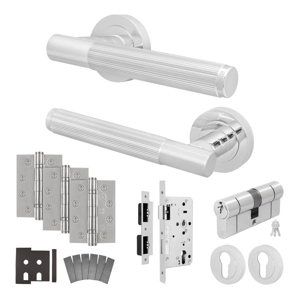Aurora Polished Chrome Lever on Rose Door Handle Kit - Heavy Duty FD30/60 - DIN Euro Sashlock and Double Cylinder - Keyed to Differ - tradefit - Featured Image