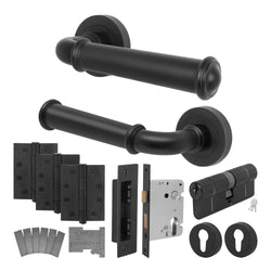 Claro Matt Black Lever on Rose Door Handle Kit - Medium Duty FD30/60 - 80mm Euro Sashlock and Double Cylinder - Keyed Alike - tradefit