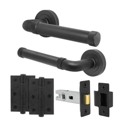 Santana Matt Black Lever on Rose Door Handle Kit - 64mm Latch - tradefit