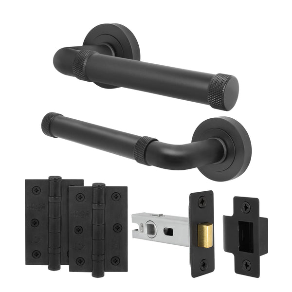 Santana Matt Black Lever on Rose Door Handle Kit - 64mm Latch - tradefit - Featured Image
