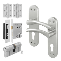 Nola Satin Nickel Lever on Backplate Door Handle Kit - 80mm Euro Sashlock and Double Cylinder - Keyed Alike - tradefit