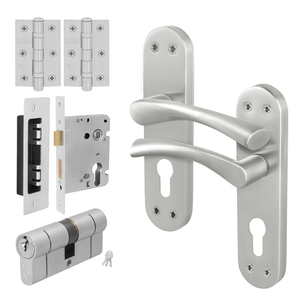 Nola Satin Nickel Lever on Backplate Door Handle Kit - 80mm Euro Sashlock and Double Cylinder - Keyed Alike - tradefit - Featured Image