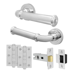 Claro Polished Chrome Lever on Rose Door Handle Kit - 64mm Latch - tradefit
