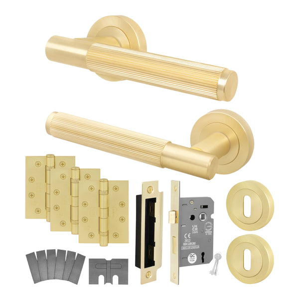 Aurora Satin Brass Lever on Rose Door Handle Kit - Medium Duty FD30/60 - 80mm Sashlock - Featured Image