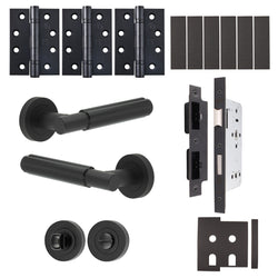 Flores Matt Black Lever on Rose Door Handle Kit - Heavy Duty FD30/60 - DIN Bathroom Lock - tradefit