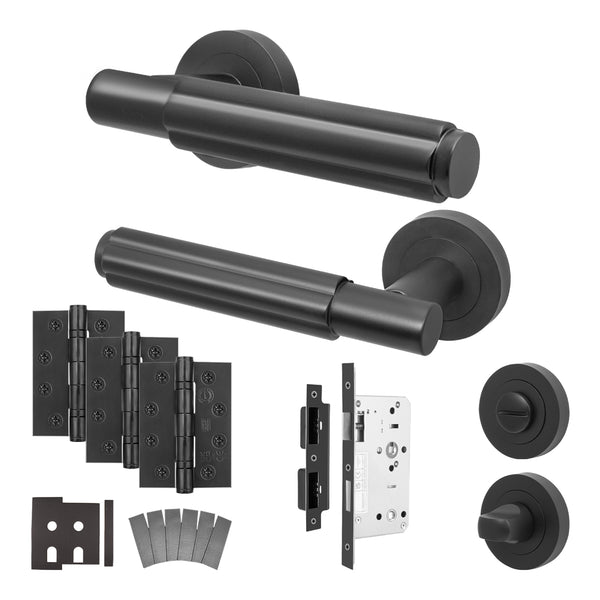Flores Matt Black Lever on Rose Door Handle Kit - Heavy Duty FD30/60 - DIN Bathroom Lock - tradefit - Featured Image