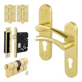 Nola Satin Brass Lever on Backplate Door Handle Kit - 80mm Euro Sashlock and Double Cylinder - Keyed Alike