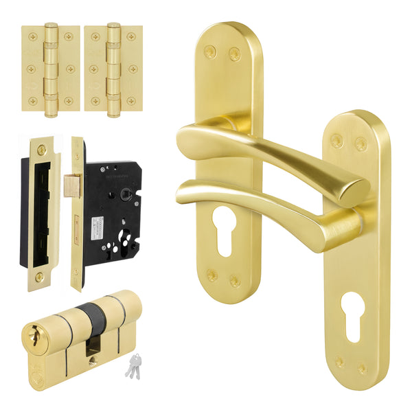Nola Satin Brass Lever on Backplate Door Handle Kit - 80mm Euro Sashlock and Double Cylinder - Keyed Alike - tradefit - Featured Image